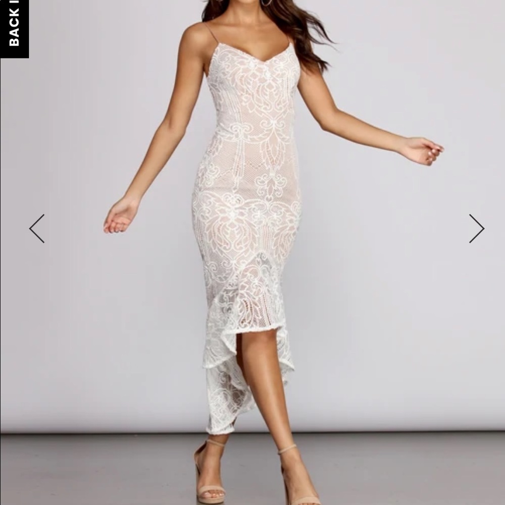 Windsor White Lace High-Low Spaghetti Strap Dress